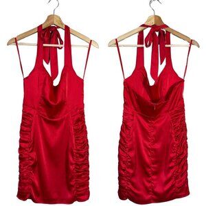 Saints + Secrets Satin Halter Ruched Mini Dress Womens Small Red Going Out Party